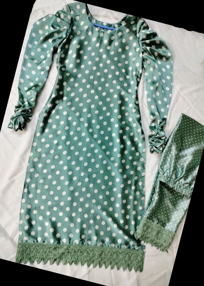 Polka Kurta Pant With Lace & Designer Cowl Sleeves