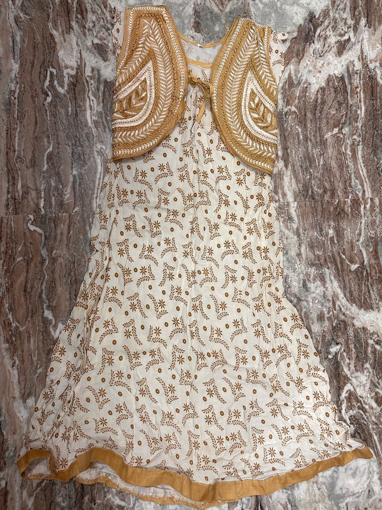 Festive Wear Gold Offwhite Anarkali With Coat