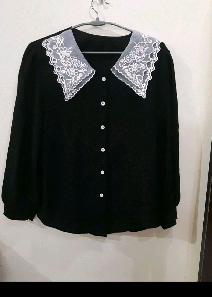 Korean Black Embroidered Collar Shirt✨️