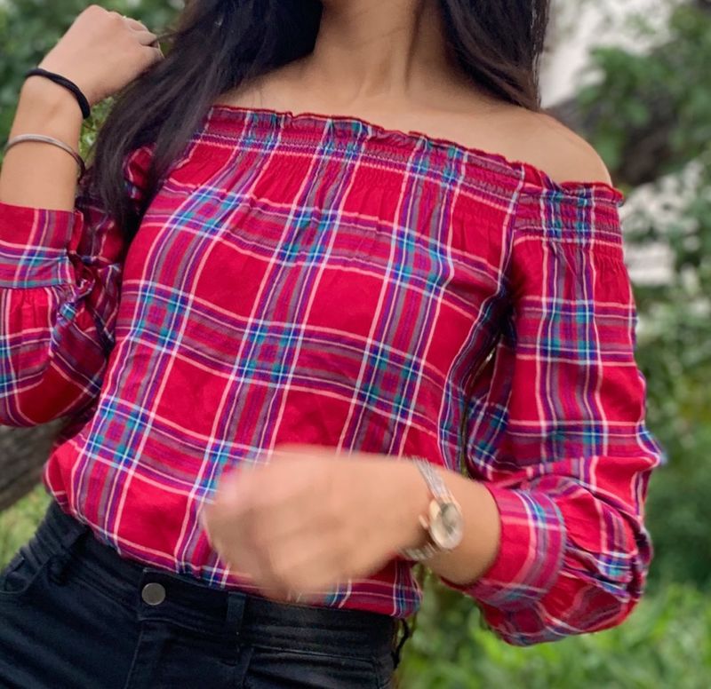 Off shoulder Red Check Shirt Top