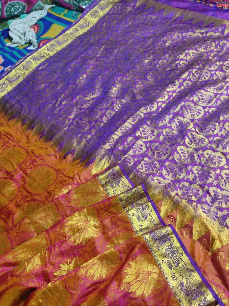 Orange And Violet Pure Silk Saree