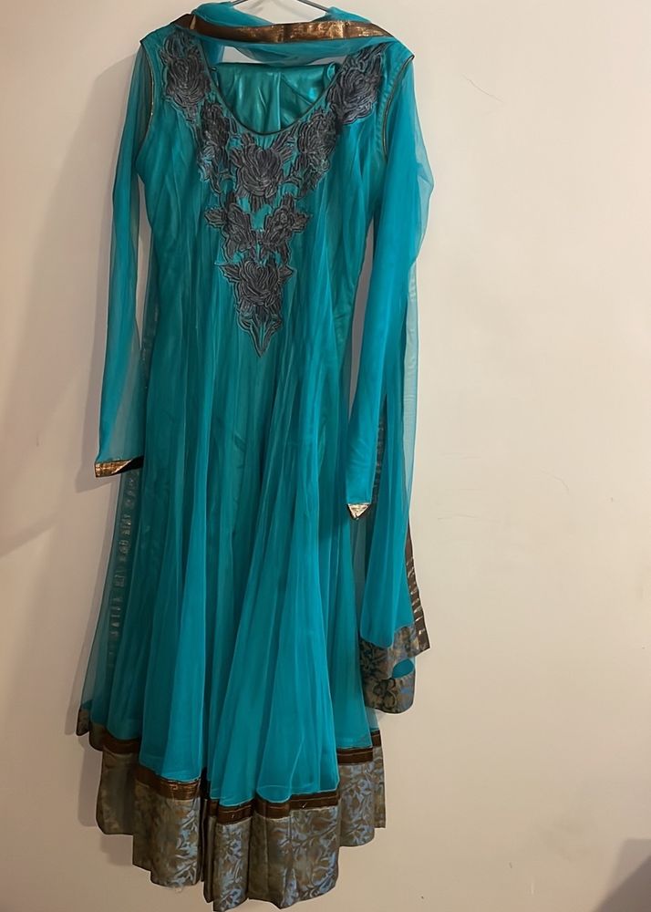 3-Piece Green A-line Dress, Dupatta Is & Leggi