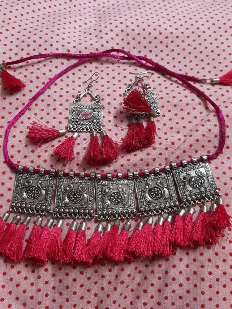 Oxidized Dori Chokar Neaklace With Earings