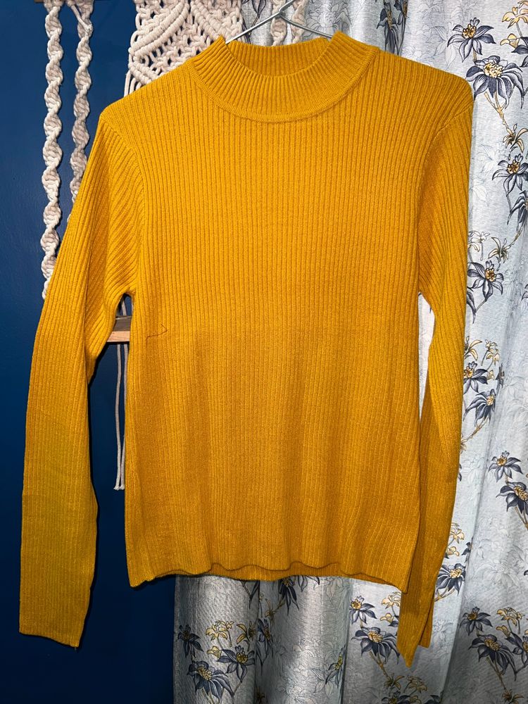 Women Striped High Neck YellowSweater