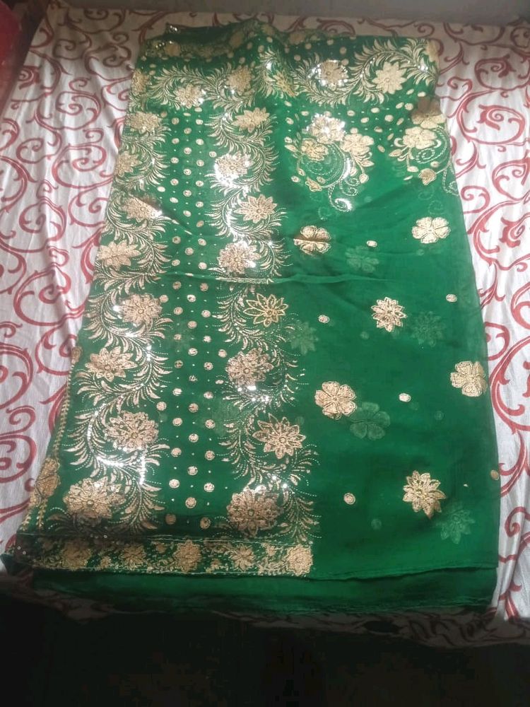 Green saree With Beautiful silver design