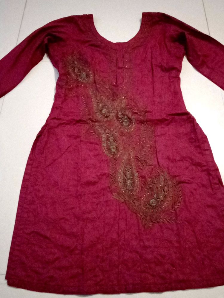 Embroidery And Sequin Work Wine Colour Kurta