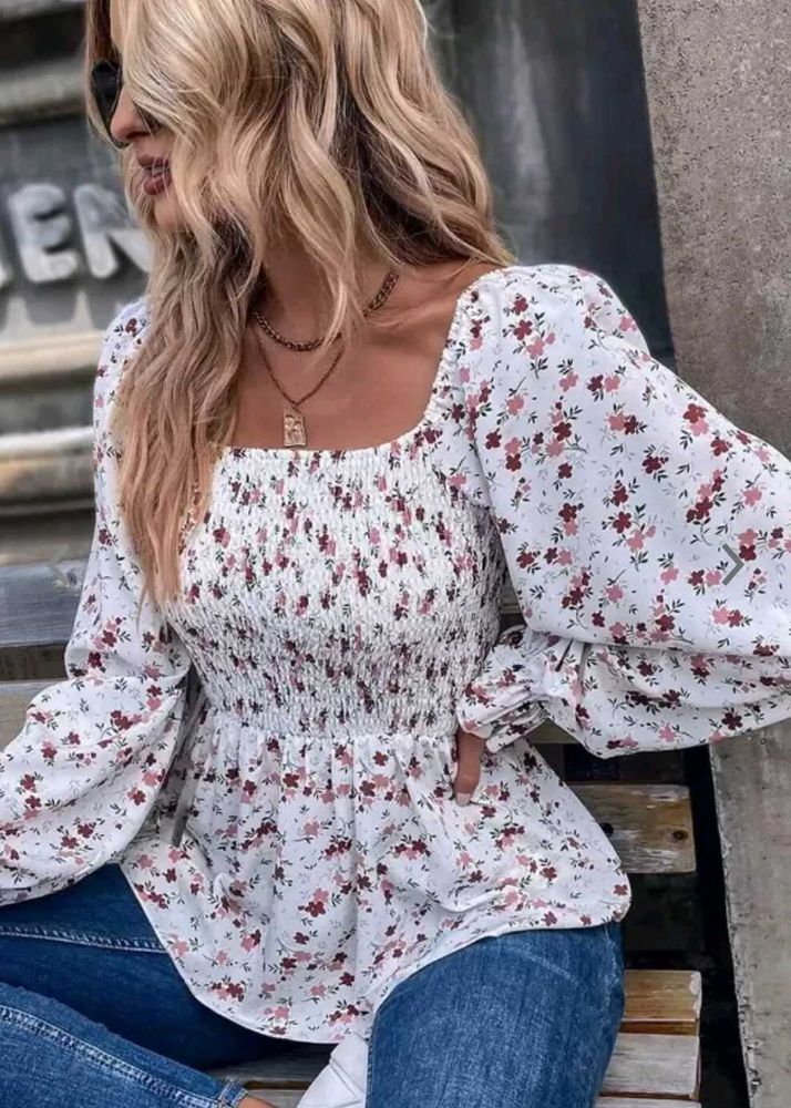 White Ribbed Top With Floral Print