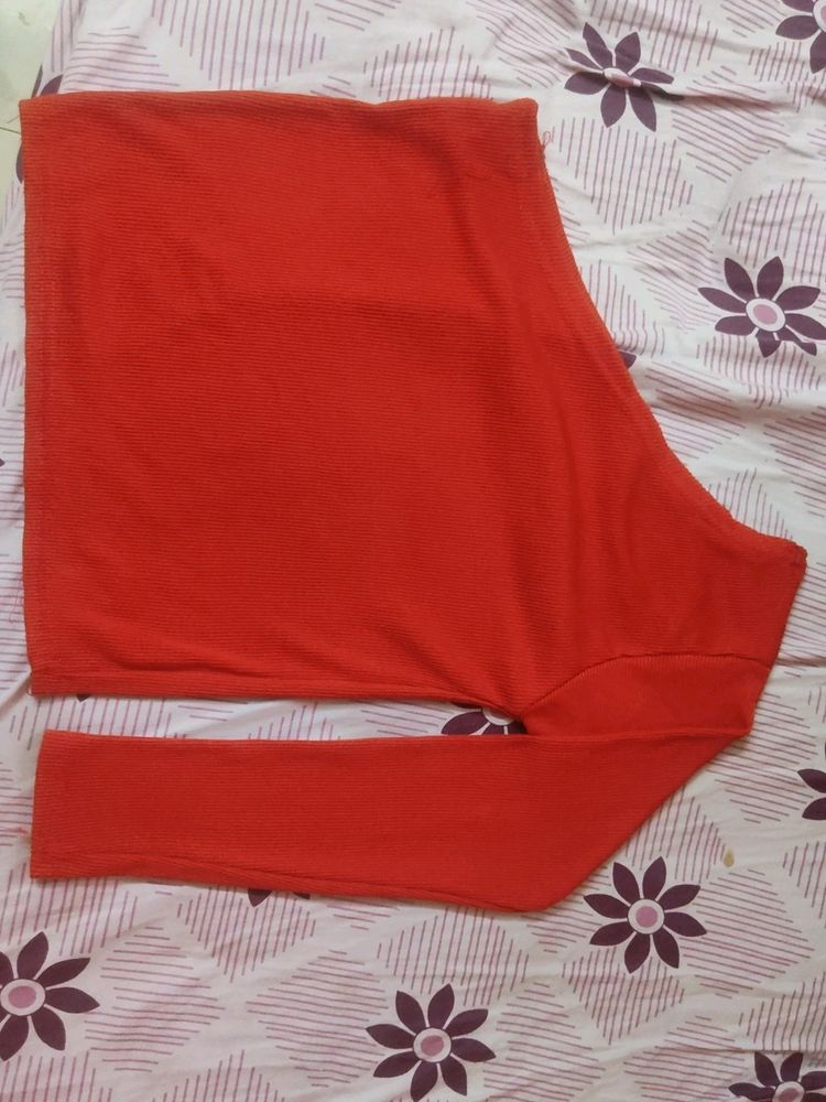 One Shoulder Down Red Knitted Vest Top