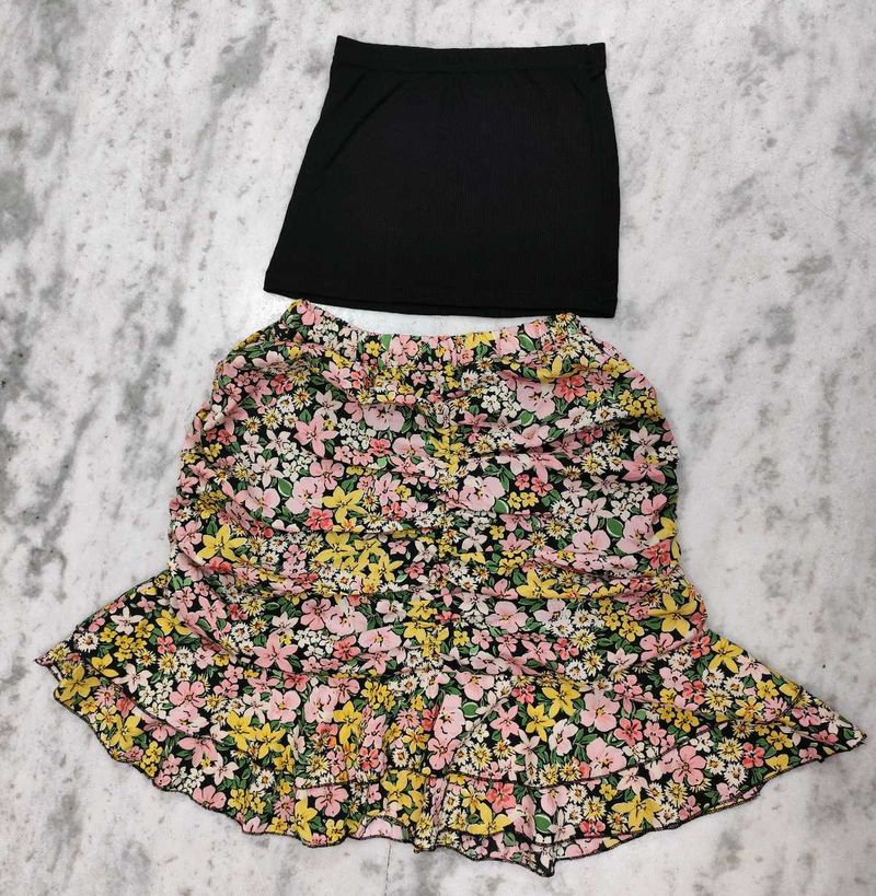 Floral Midi Skirt With Black Tube Top 🌸