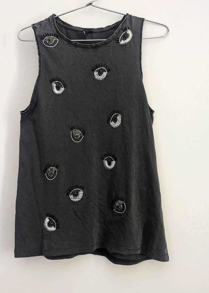 Grey Long Tshirt With Embellished Eye Motifs