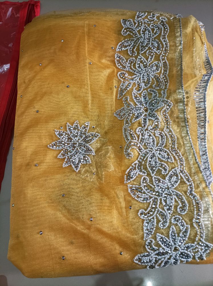 Net Saree And Blouse With Pearl Work