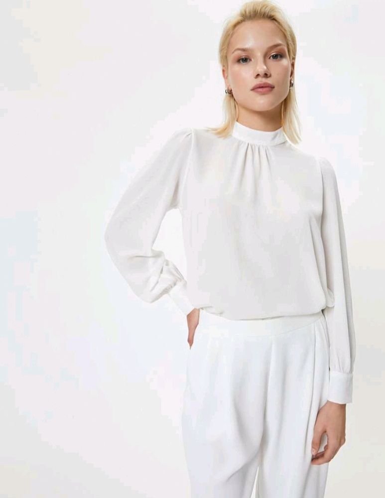 New Korean High Neck Off White Top