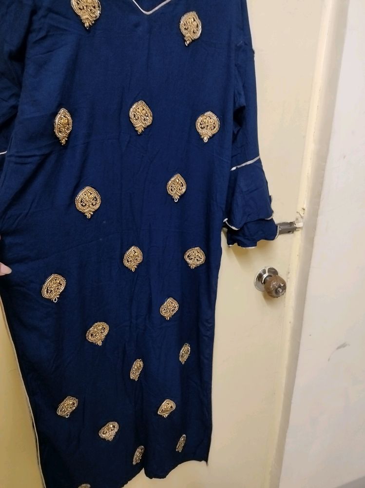 Party wear Blue Kurta With Golden Worked Butis