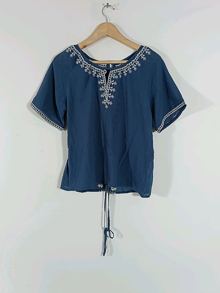 Navy Blue Embroidered Casual Top (Women)