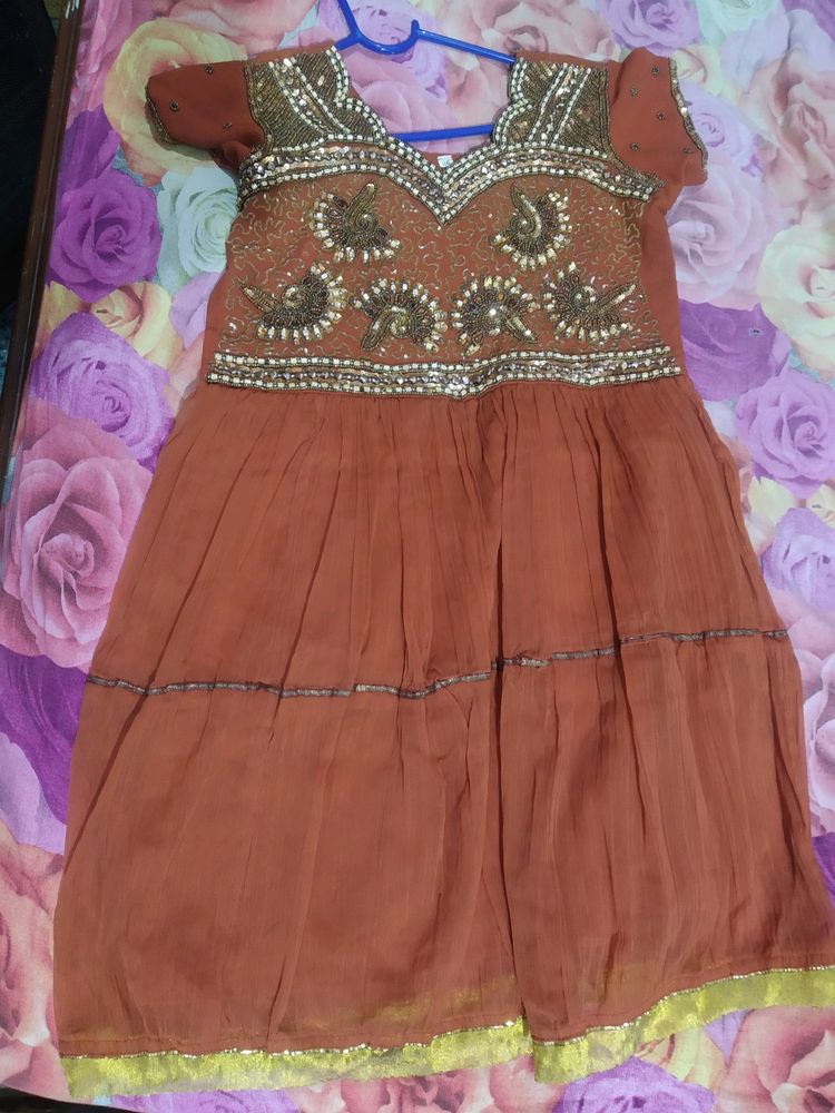 Heavy Suit Piece With Pajama For 10-12 Age Girl, Dark Orange In Colour, Party/wedding Wear, Twice Used