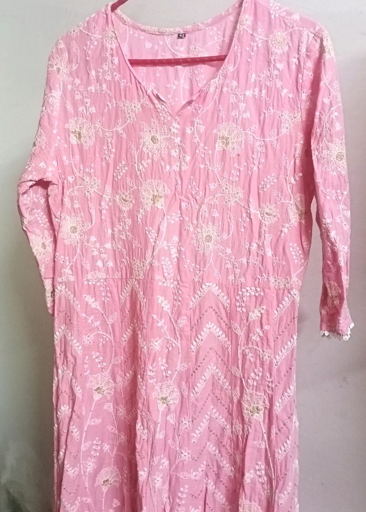 White-Gold Embroidery Pink Anakarkli Cotton Kurta