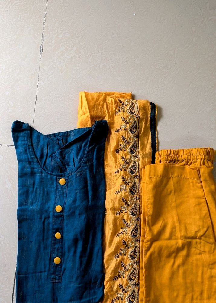 Yellow Blue Kurta Fully Embroided Dupatta Like Ne