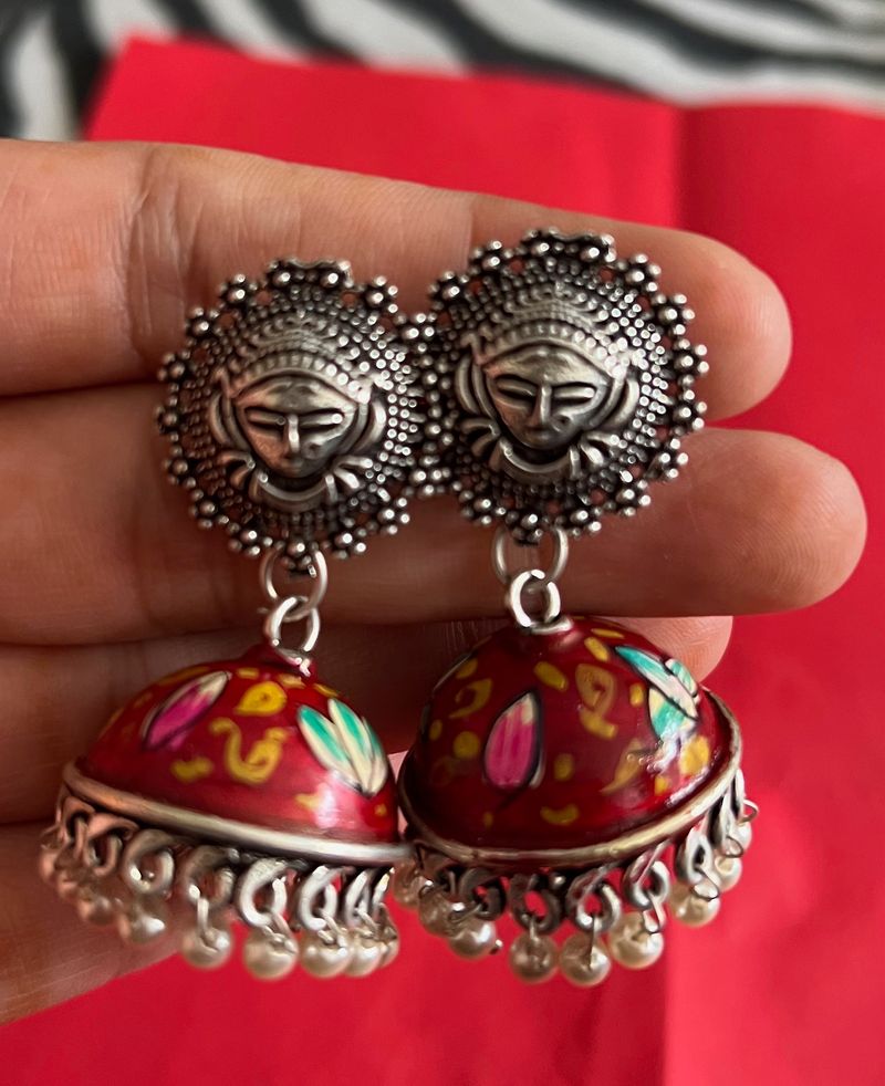 Hand Painted Red Meenakari Jhumka