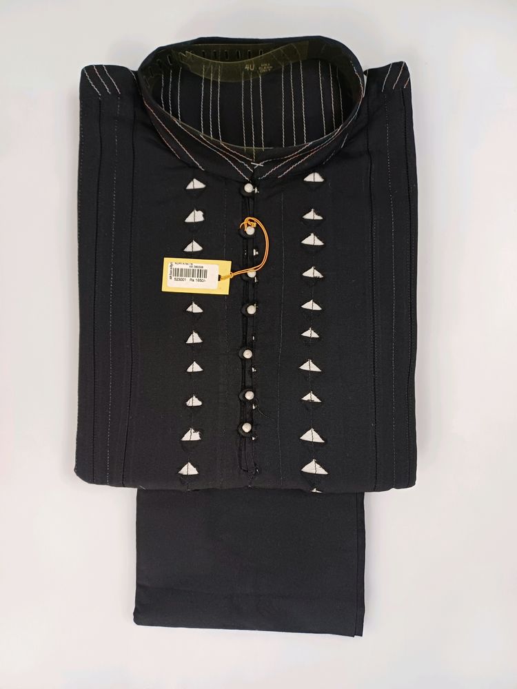 Kurta Chudidar Set (Black-Applique And Dori Work)