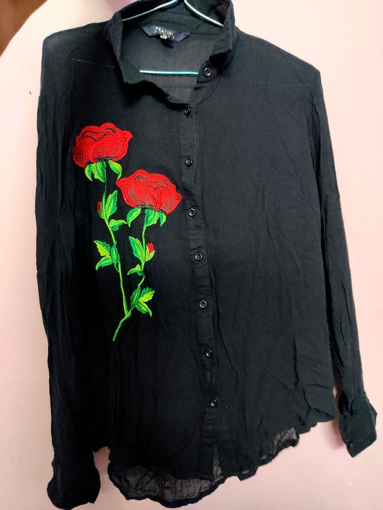 Black Full Sleeves Shirt With Rose Applique