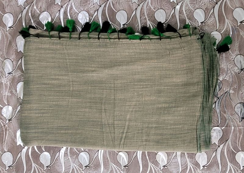 Olive Green Mulmul Cotton Saree With Tassels