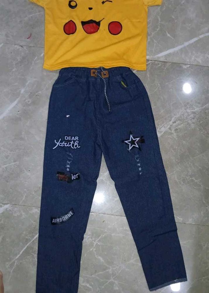 Yellow Pikachu Top And Graphic Denim Joggers