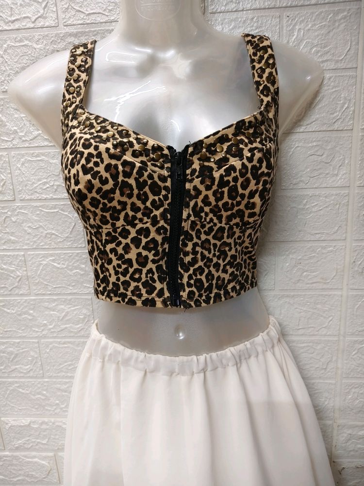 Zipper Corset Crop Top with Cheetah Print