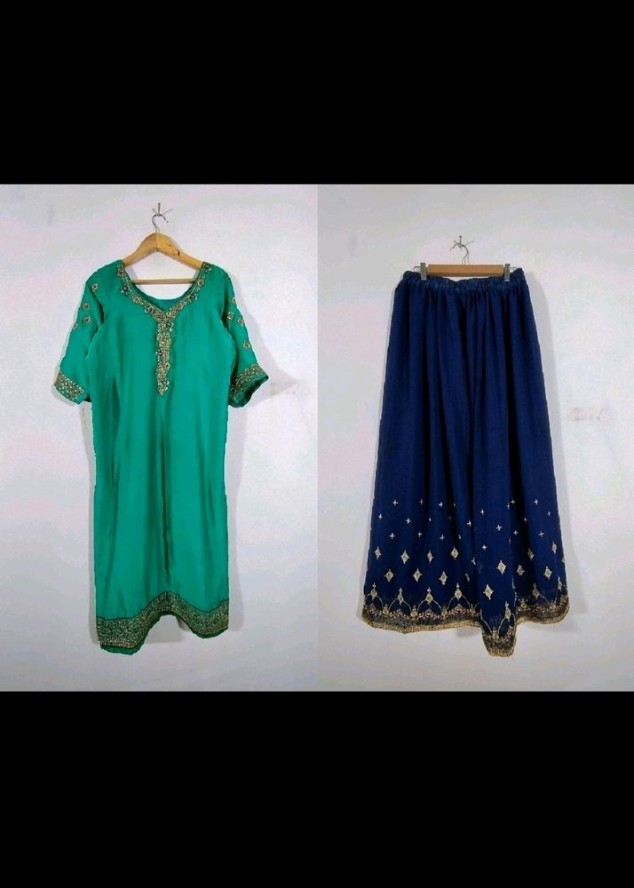 Sea Green And Navy Blue Kurta Set (Women's)