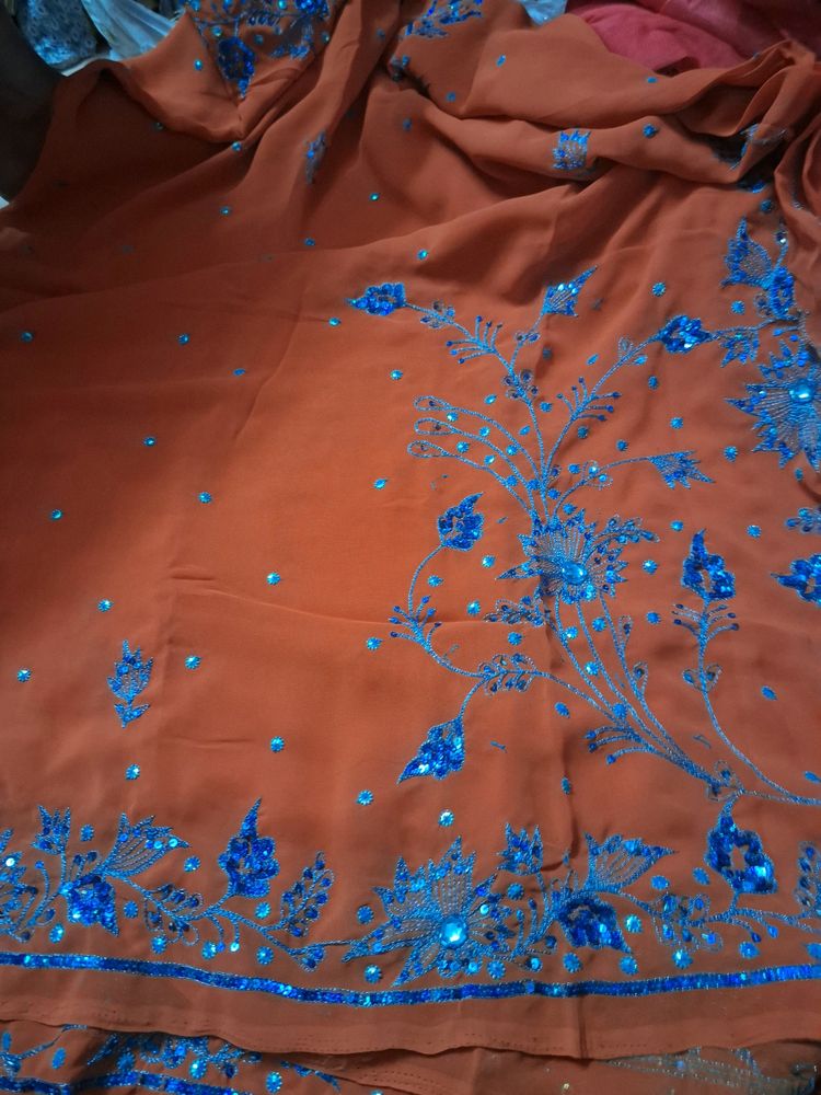 NEW Orange Saree With Blue Work