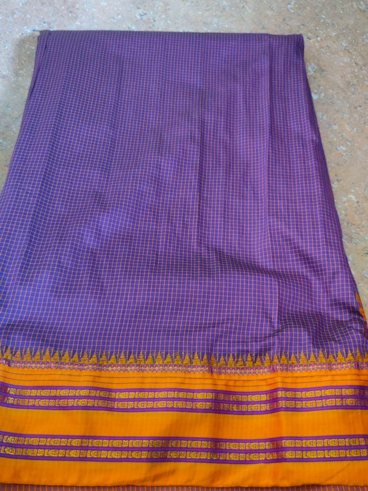 Purple Checks Saree With Yellow Border