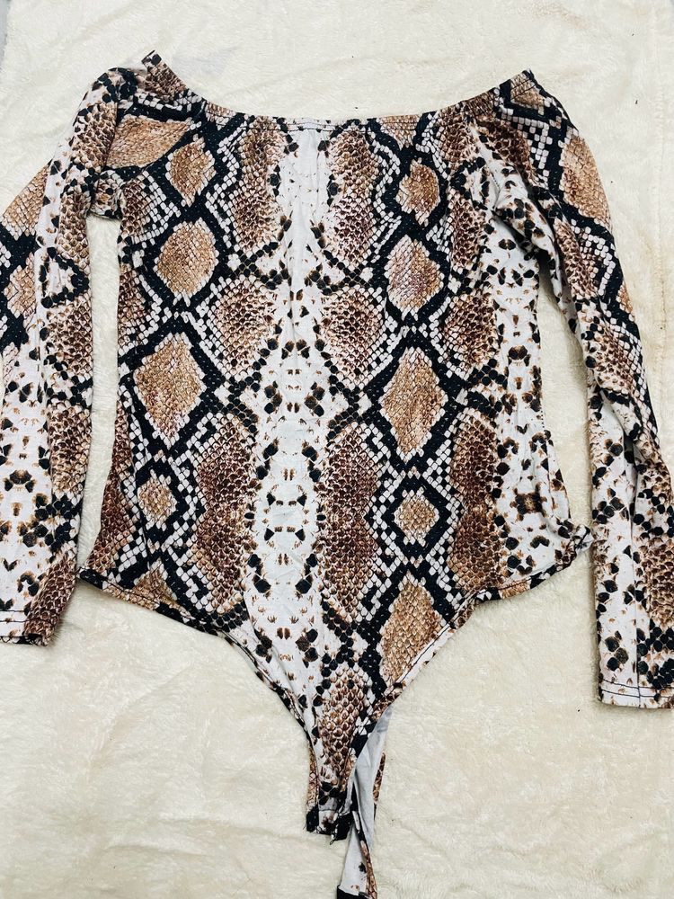 Offshoulder Snake Print Bodysuit