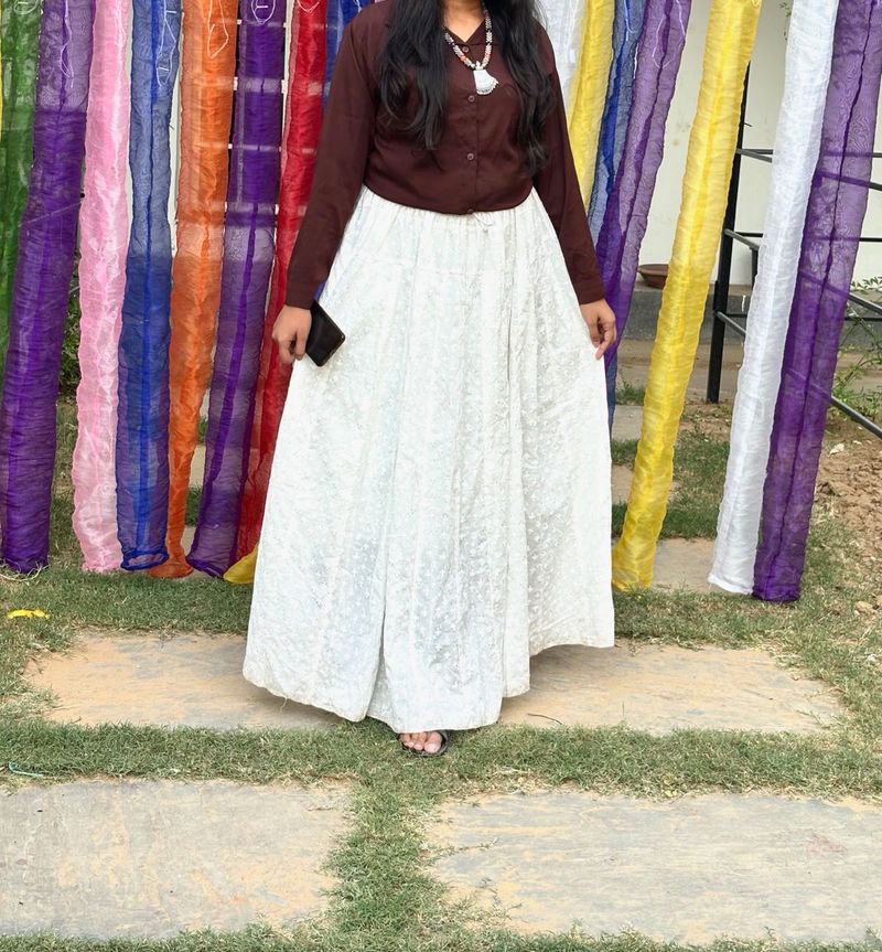 White Cotton Long Ethinic Skirt