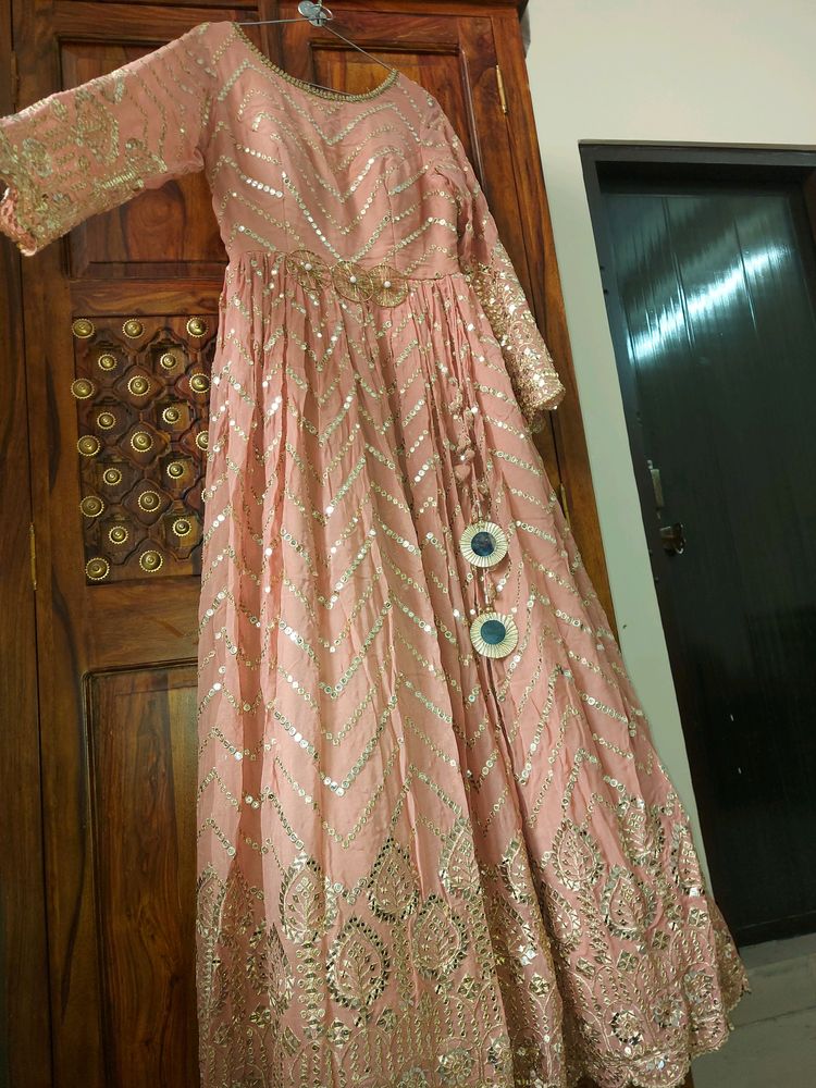 Pastel Peach Sequinn Embroidery Evening Gown