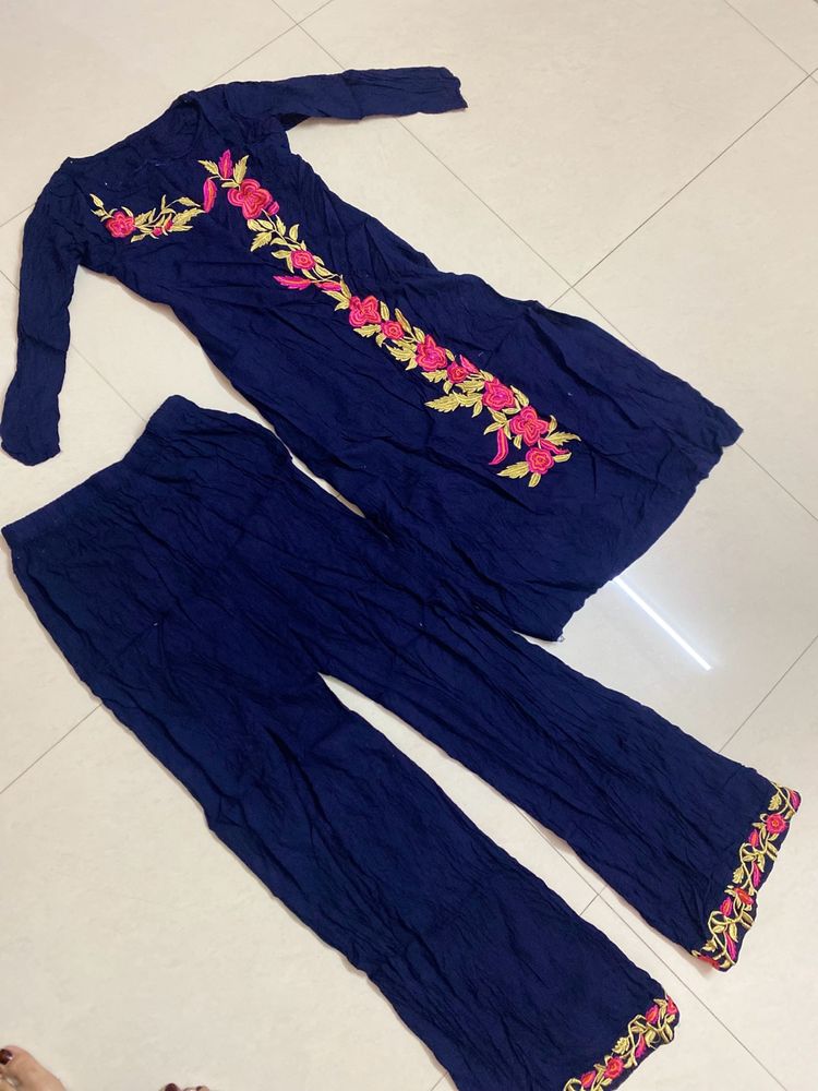 Navy Blue Embroidery Kurta Set