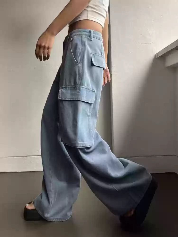 Denim Wide Leg Cargo Jeans