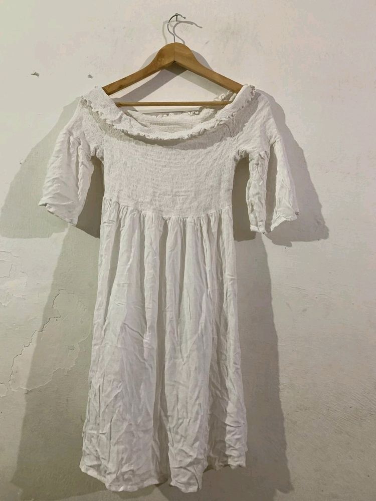 White Off Shoulder Flared Frock