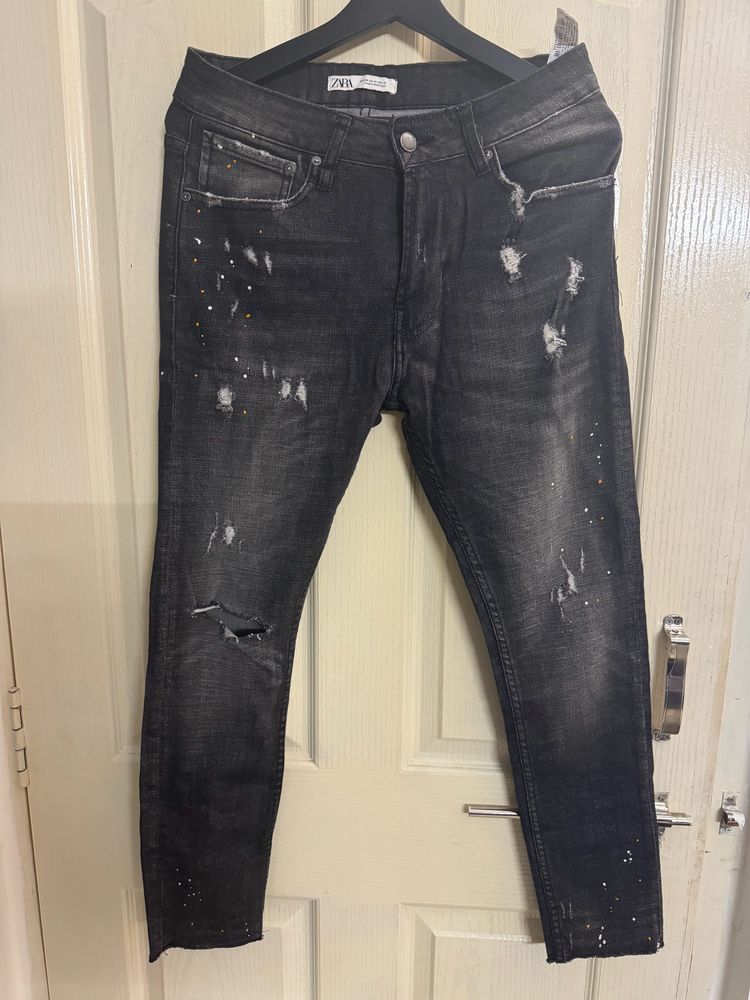 Zara Premium - Black Jeans, Paint Spill Effect