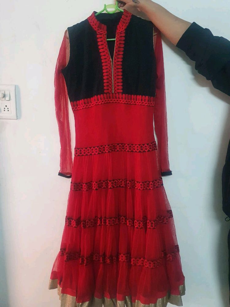 Long Red Black  suit floor touch anarkali