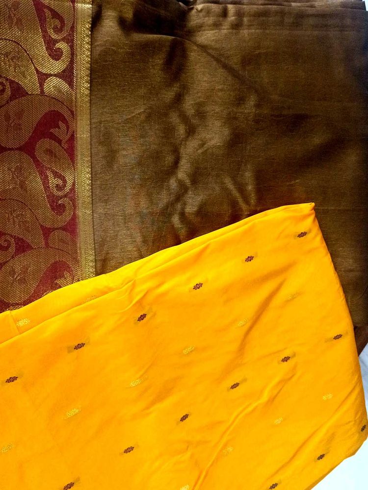 Mango And Brown Silk Saree Combo For ₹600 Offer