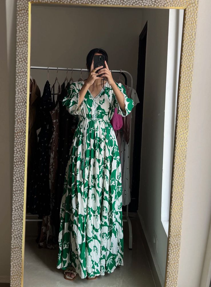 Floral Print A-line Maxi Dress (Green)