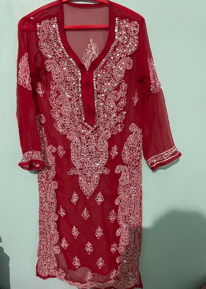 Chikankari Kurti Red