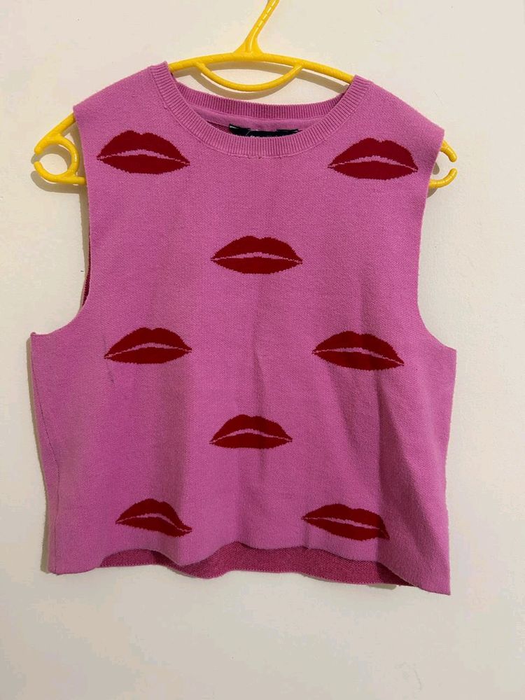 Women Lips Print Pink Top