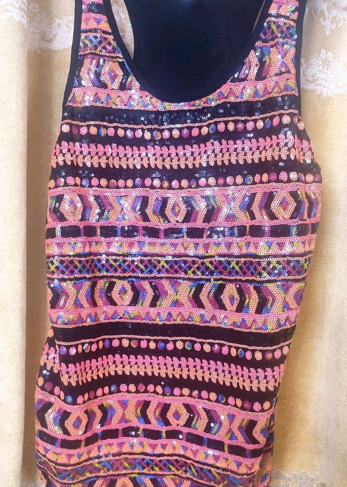 Black Tank Top With Multicolored Sequence