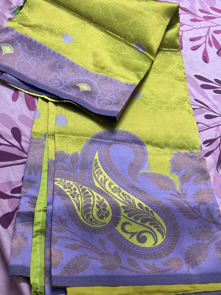 Green & Purple Saree With Blouse For Grabs