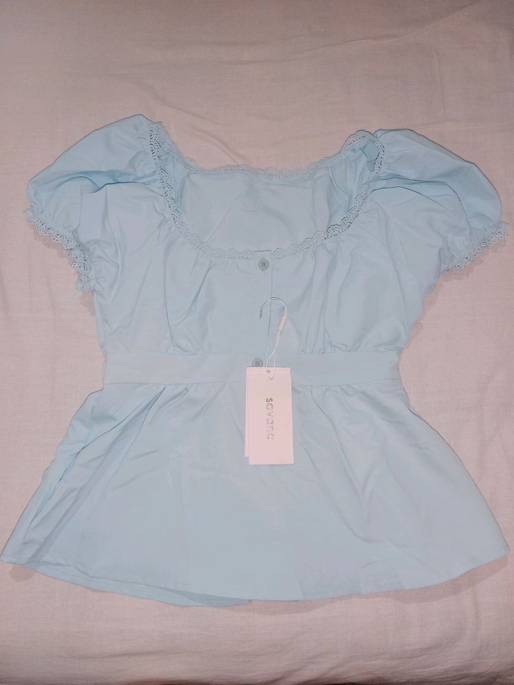 Blue Gathered Milkmaid Top/ Coquette