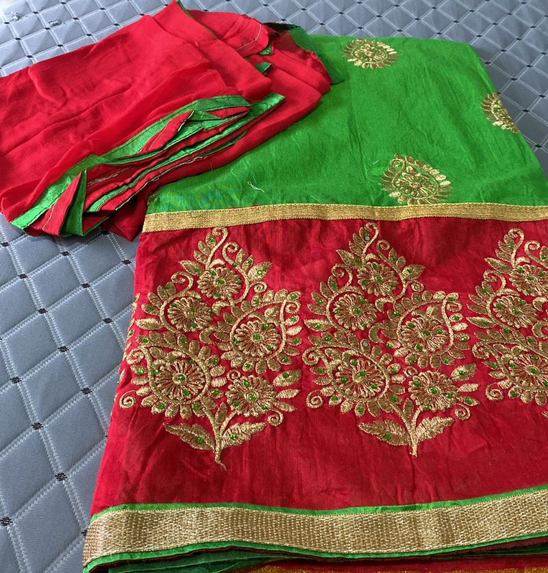 Chanderi Green & Red  Dress Material