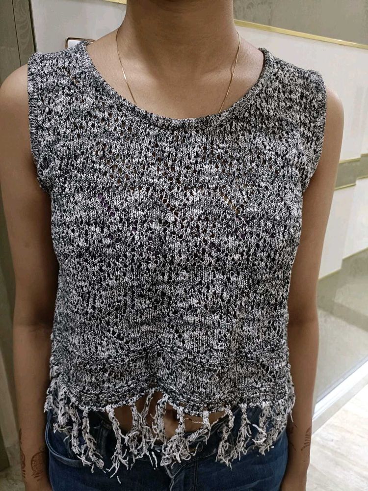 Grey Crop Top With Crochet Finishing