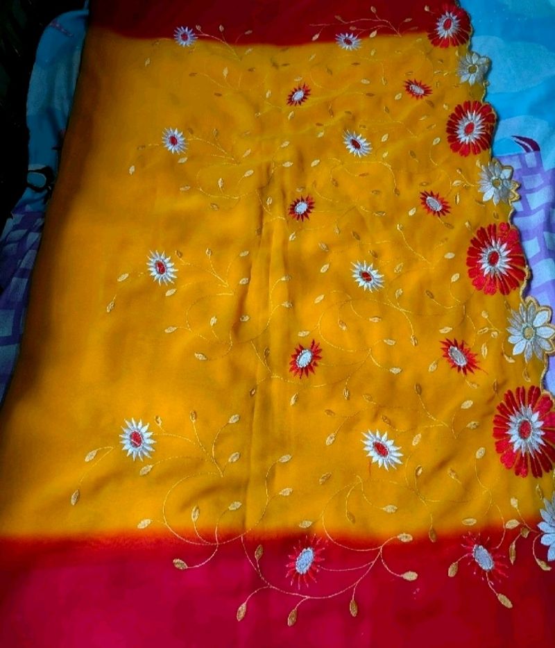 Red And Yellow Mix Saree