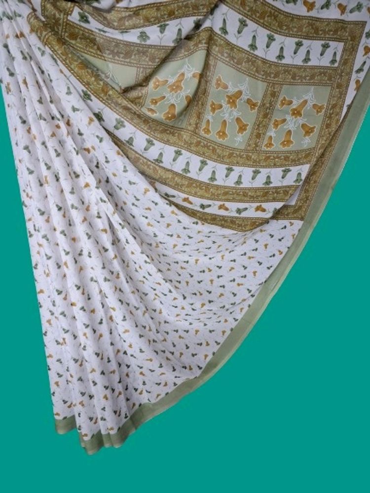 White saree with Floral printal|Blouse Attached