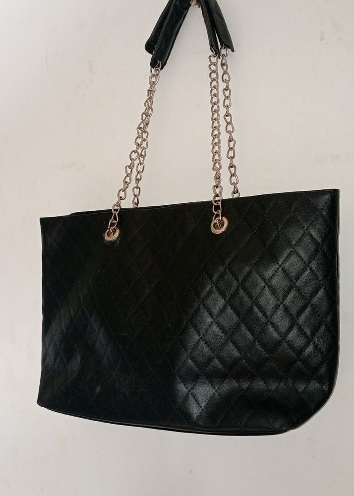 Black Chain Leather Tote Bag.